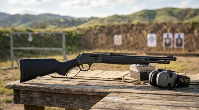 Henry Big Boy X Model lever-action rifle on a wooden table at a shooting range with targets in the background.