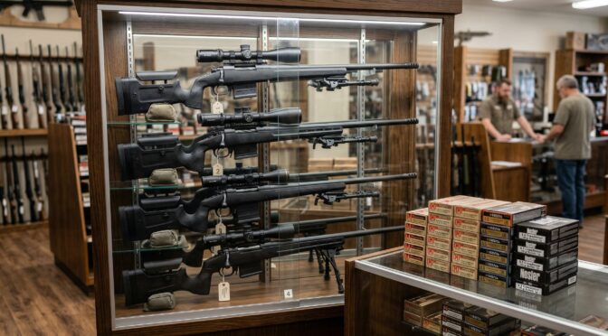 Display case with 6.5 Creedmoor rifles and ammo for sale.