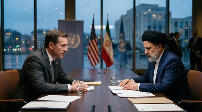 US and Iranian representatives meet at a table with flags in the background, discussing the US-Iran conflict.