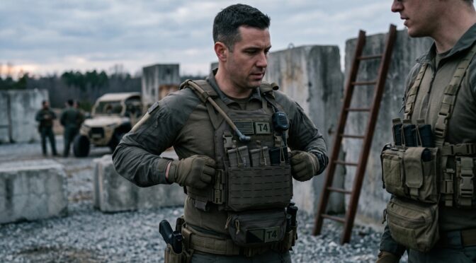 Soldier in tactical gear talking to another man in outdoor military training area