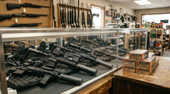 Gun store display case with AR-15 style pistols and .300 AAC Blackout ammo.