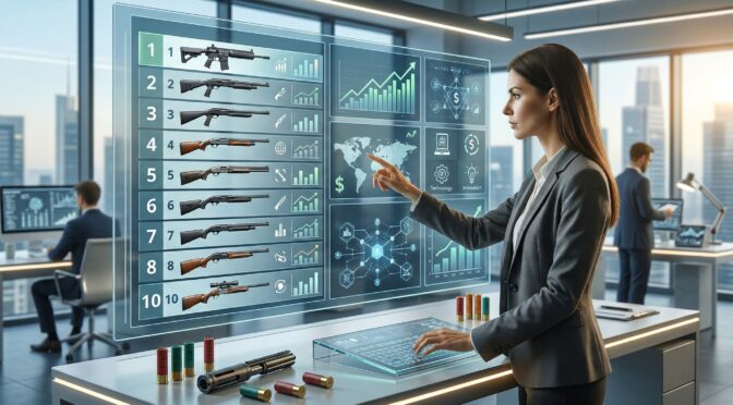 Woman analyzing top 10 shotguns of March 2026 on a digital display with charts and data. Shotgun parts on desk.