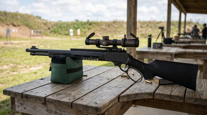 Smith & Wesson Model 1854 Stealth Hunter lever-action rifle with scope on shooting range.