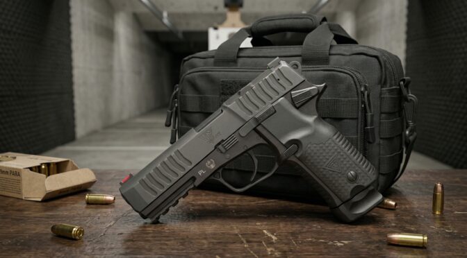 Fabryka Broni VIS-100 M1 pistol on a table at a shooting range, with ammo and a range bag in the background.