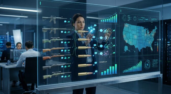 Woman analyzing rifle calibers data on a transparent screen with graphs, maps, and firearm illustrations.