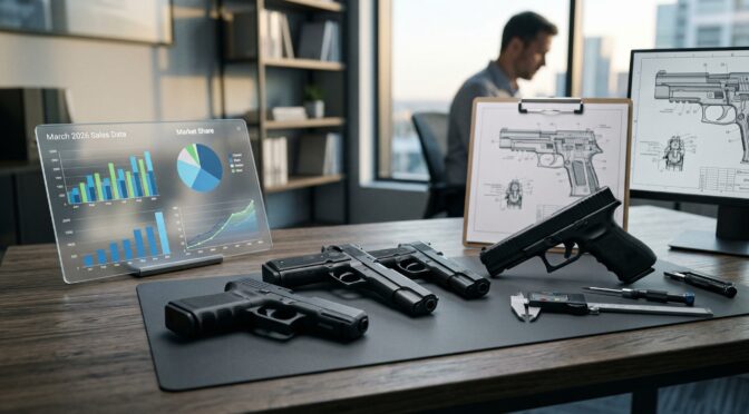Handguns on a desk with sales data, referencing top handguns sold in March 2026.