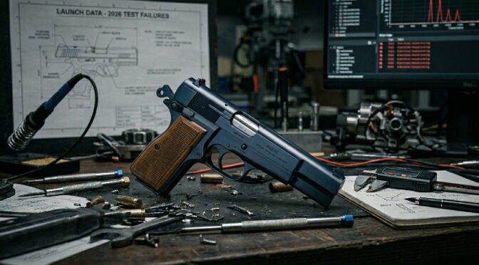 Blue pistol on a workbench amidst tools and technical drawings. "LAUNCH DATA - 2026 TEST FAILURES" text is visible.