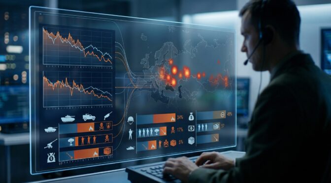 Attrition analysis: Man monitors Russian military losses, equipment, and personnel burn rates on a digital display.