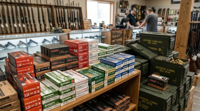 Ammunition for sale: 5.56x45mm and .223 Remington rounds stacked on shelves and in ammo cans.