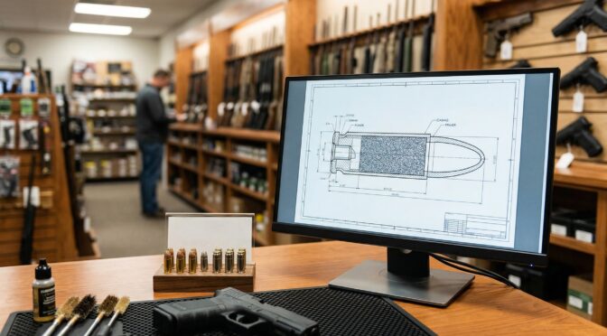 9mm Luger cartridge blueprint on a monitor, with ammo and a handgun on a table in a gun shop.