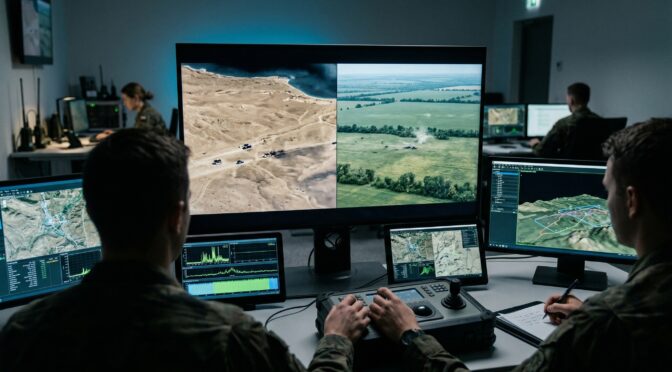 Military personnel monitoring drone warfare footage on multiple screens in a control room.