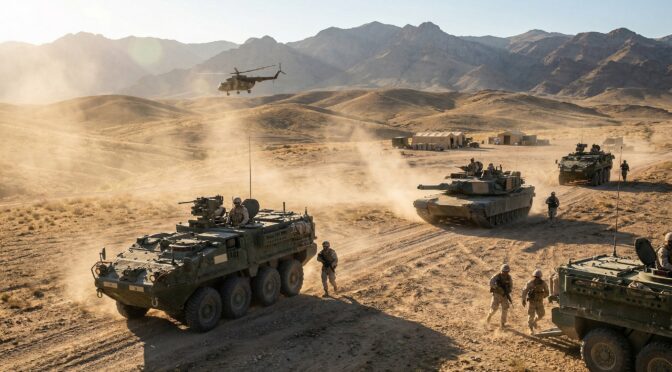Military vehicles and soldiers in a desert landscape with a helicopter overhead, likely related to Operation Epic Fury.