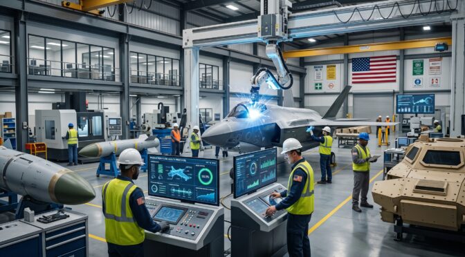 Aircraft manufacturing facility with workers, robotic arm, and advanced tech displays.