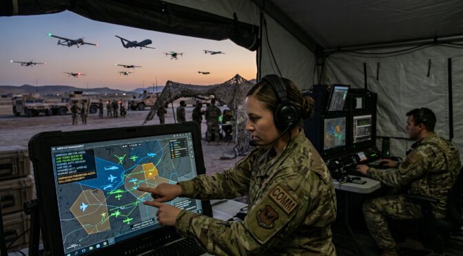 Airmen monitor drone operations on a tactical display in a desert command tent.
