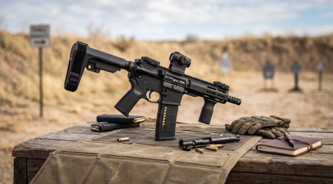 AR-15 pistol with red dot sight, mags, and gear on shooting range table.