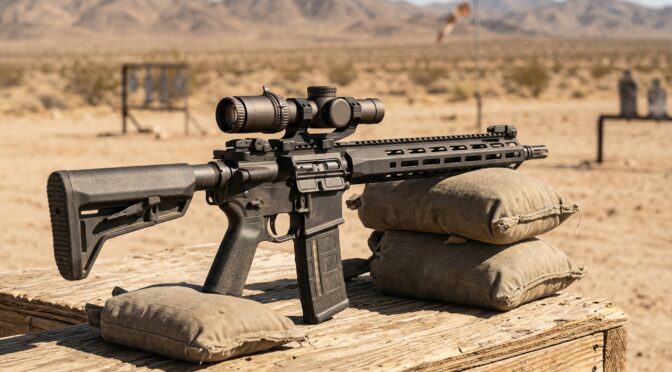 AR-15 rifle with optic sight on sandbags at shooting range.