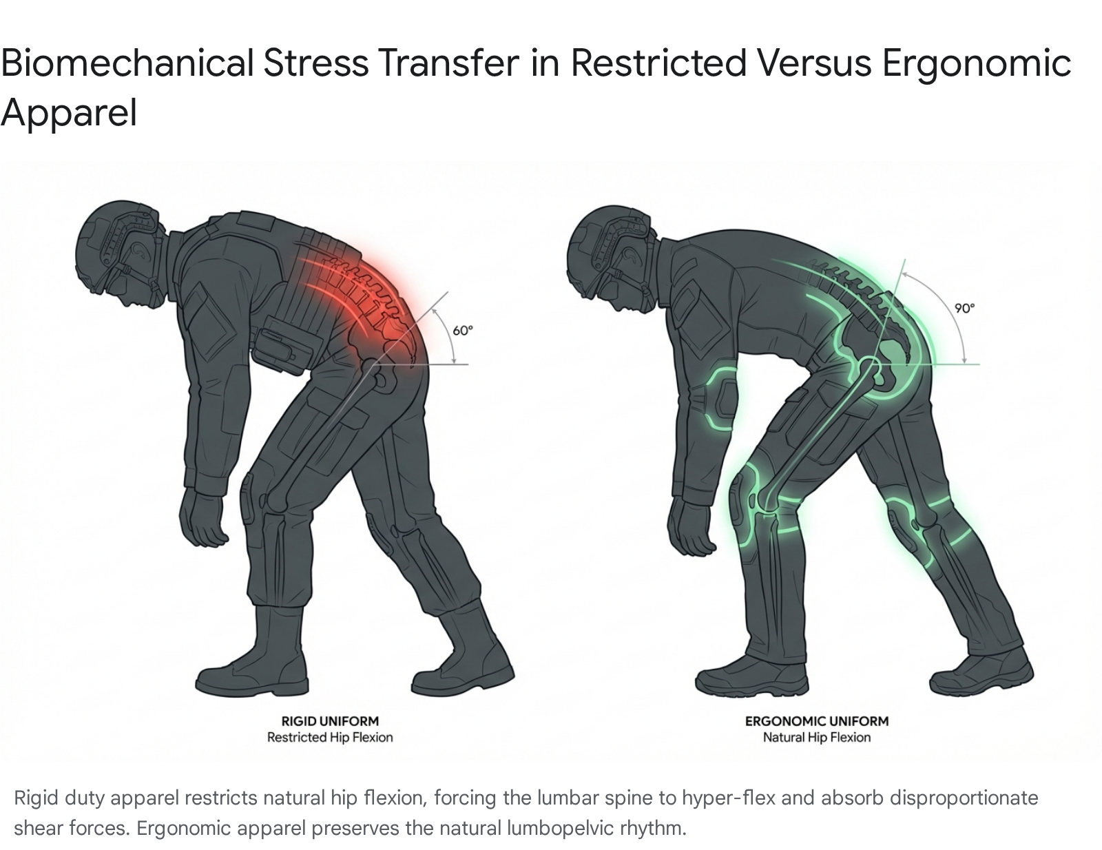 Biomechanical stress transfer: Restricted vs. ergonomic tactical apparel. Shows lumbar spine strain differences.