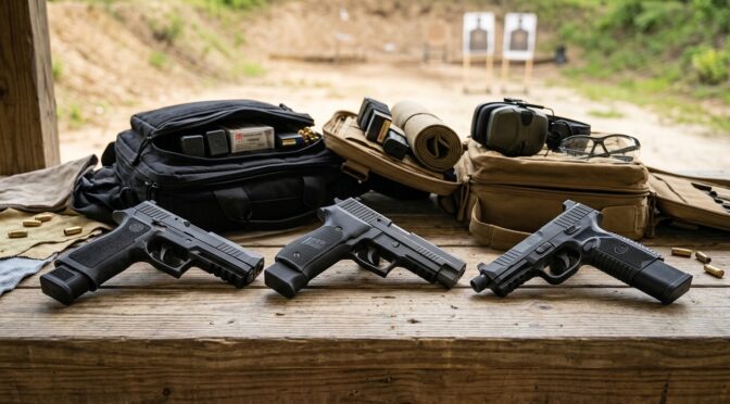 Three 10mm pistols, including FN 510 Tactical, on a shooting range table.