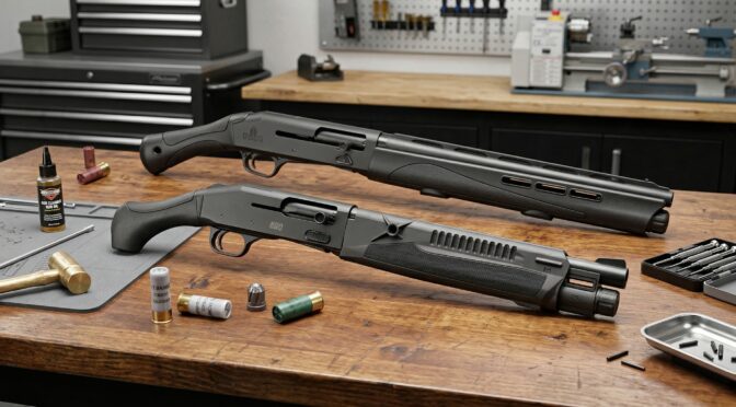 Two black pump-action shotguns on a workbench with gun cleaning supplies.
