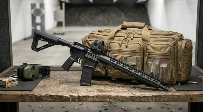 Ruger Harrier AR-15 rifle on a shooting range bench with gear.