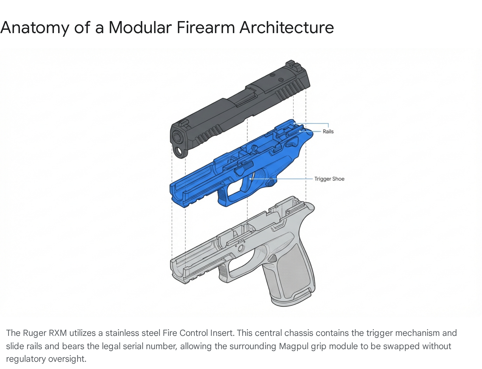 Anatomy of Ruger RXM modular handgun: slide, frame, trigger shoe, and rails.