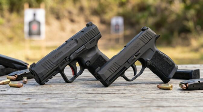 Canik Mete MC9 and Sig Sauer P365 pistols on a wooden table.