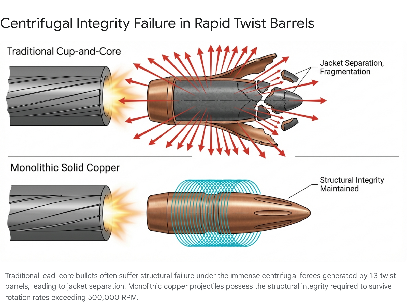 Rapid twist barrel failure: Cup-and-core vs. monolithic bullet integrity. Exceeds 500,000 RPM.