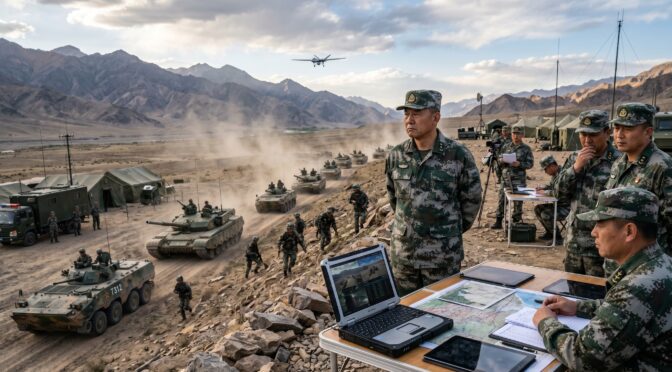 Chinese military officers observe armored vehicles and drone in mountainous training exercise.