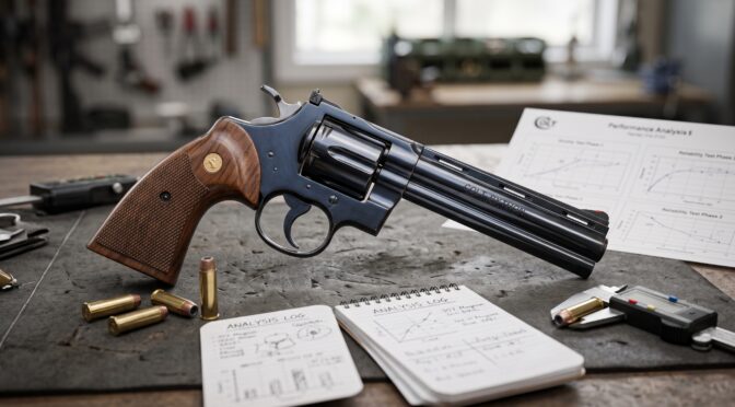 Colt Python revolver with ammunition and analysis papers on a workshop table