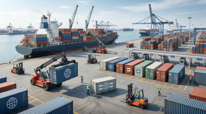 Container ship being loaded at a busy port with cranes and forklifts.
