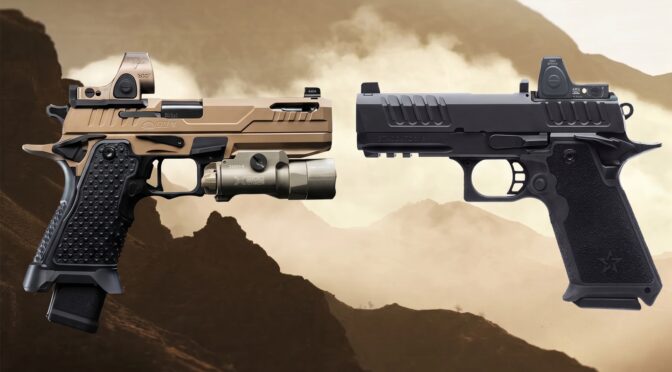Two custom 2011 pistols with red dot sights and weapon lights.