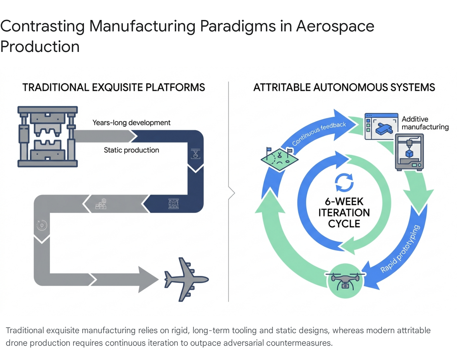 Diagram contrasting traditional exquisite platforms with attritable autonomous systems and their respective production cycles.