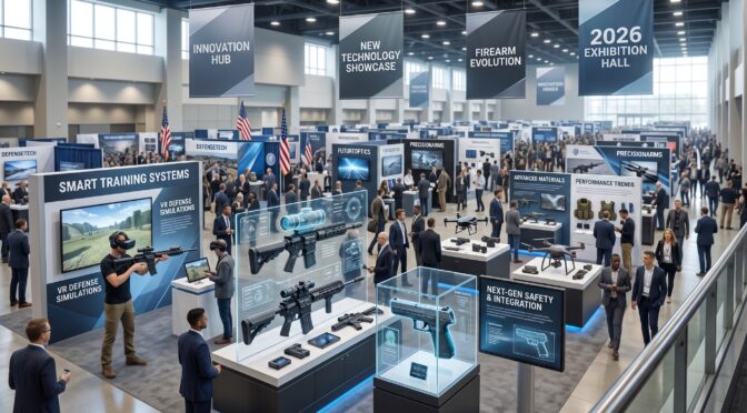Defense technology expo hall with smart training systems and firearm evolution displays.