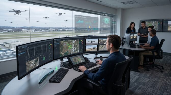 Drone operations center with multiple monitors displaying flight data and a team monitoring activity.