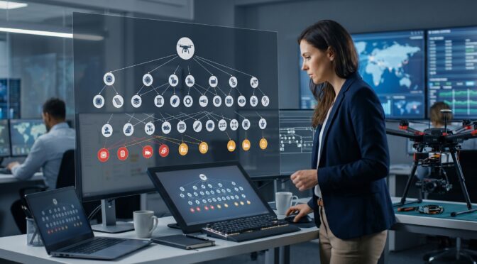 Woman analyzing drone technology flowchart on futuristic interface in control room