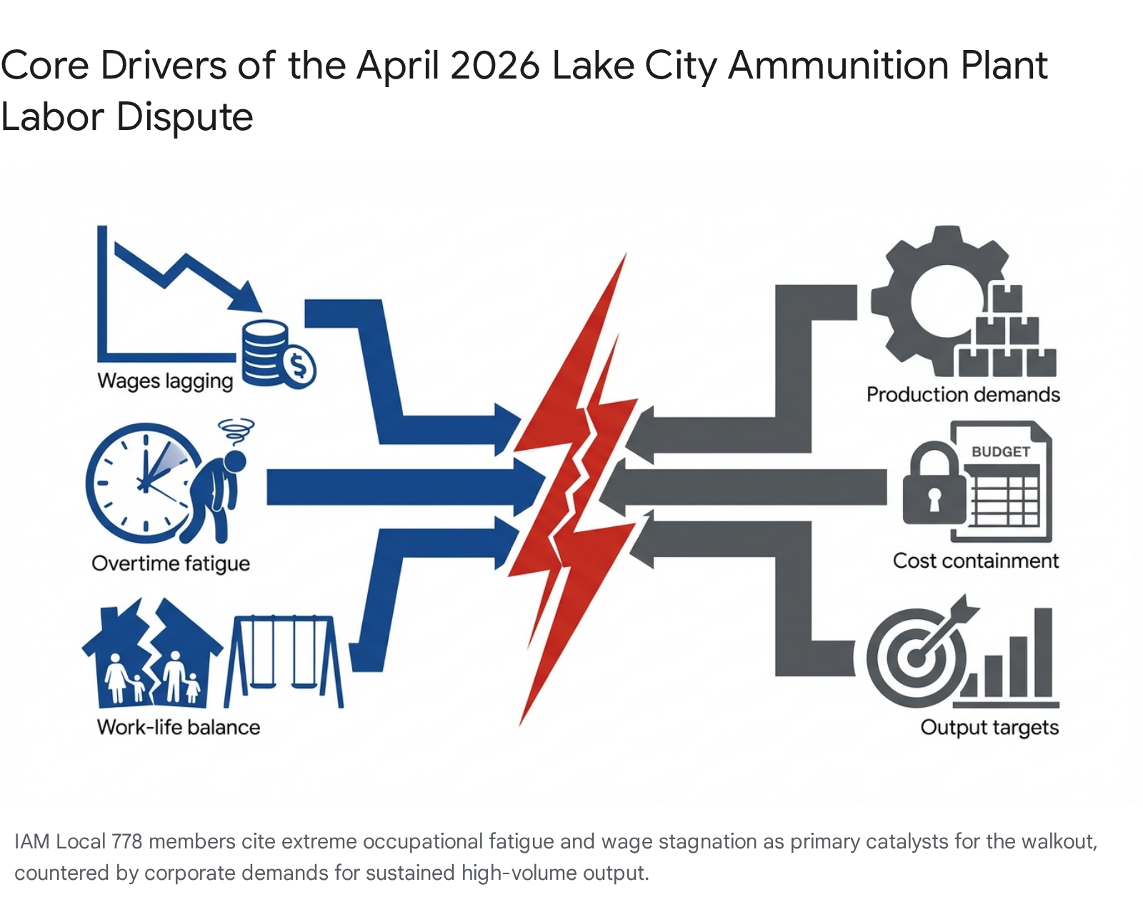 Core drivers of the Lake City Ammunition Plant labor dispute: wages, fatigue, work-life balance, production demands, and output targets.
