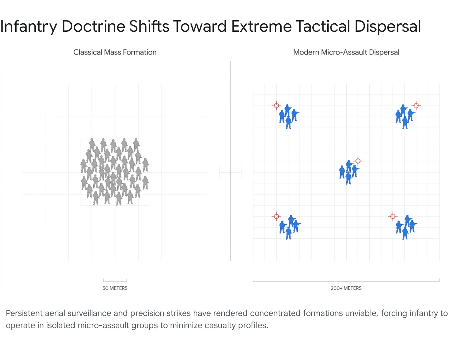 Infantry tactical dispersal: Classical mass formation vs. modern micro-assault groups. Text: "Infantry Doctrine Shifts...