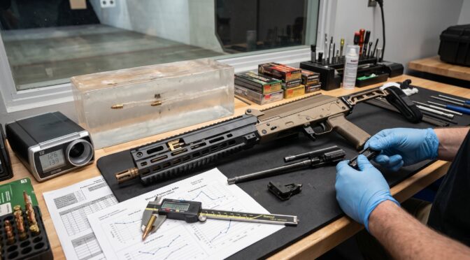 Firearms testing: AR-15 rifle, ballistic gel, ammunition, and tools on a workbench.