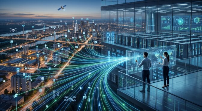 Futuristic city data network with people analyzing global connections in a modern office