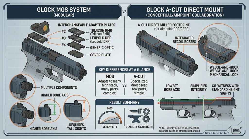 Glock MOS vs A-Cut direct mount comparison: modular vs direct optic mounting systems.