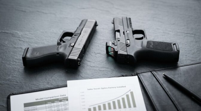 Two handguns (Glock, Sig Sauer) next to sales data showing an upward trend in optics factory installed.
