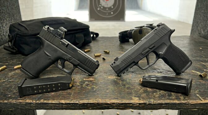 Glock and Sig Sauer pistols on a shooting range table with magazines.