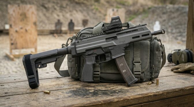 Grand Power Stribog SP9A3S pistol with Holosun optic on range bag.