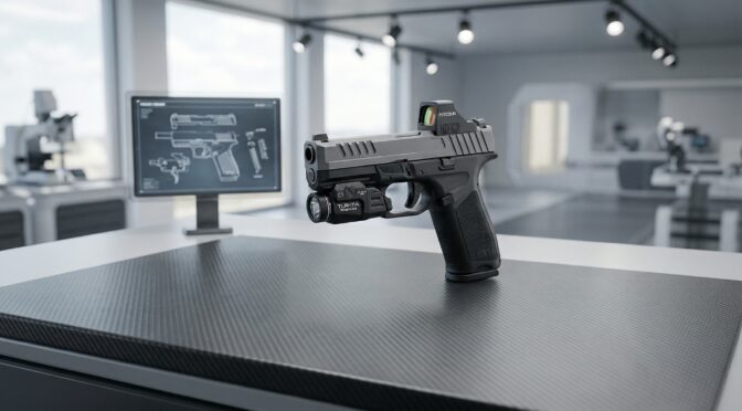 Gray pistol with red dot sight and flashlight on a desk with schematic on screen.