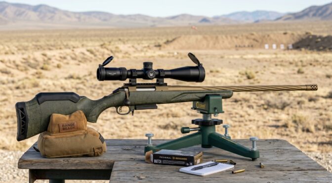 Green rifle with scope on shooting bench at outdoor range with target