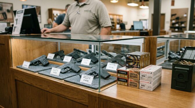 Gun store display case featuring Smith & Wesson .380 handguns and boxes of Winchester .380 ACP ammunition.