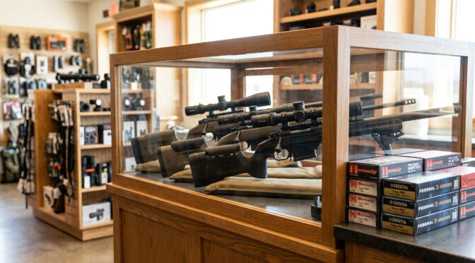 Rifles in display case with Hornady and Federal 7mm PRC ammunition.