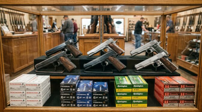 Display case featuring .45 ACP ammo from Winchester, Federal, Remington, and Hornady, along with several 1911 pistols.