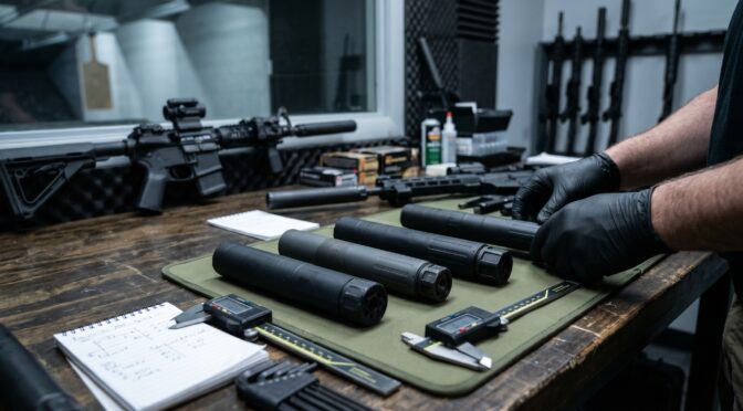 Gunsmith inspecting rifle suppressors with calipers on workbench.