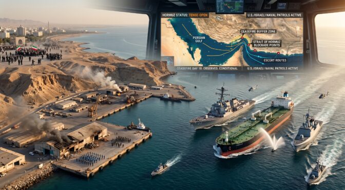Naval patrol in Strait of Hormuz, with map showing tense status and U.S./Israeli patrols active.